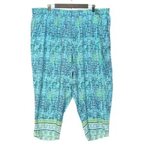 Catherines Blue Green Medallion Tile Print Rayon Crop Pants Plus Size 3X 26/28W
